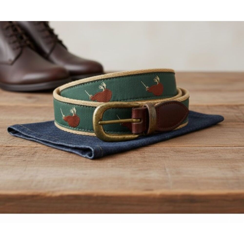 YRI Belt Bird Golfer Green Ribbon And Leather Brass Buckle Mens Size 38